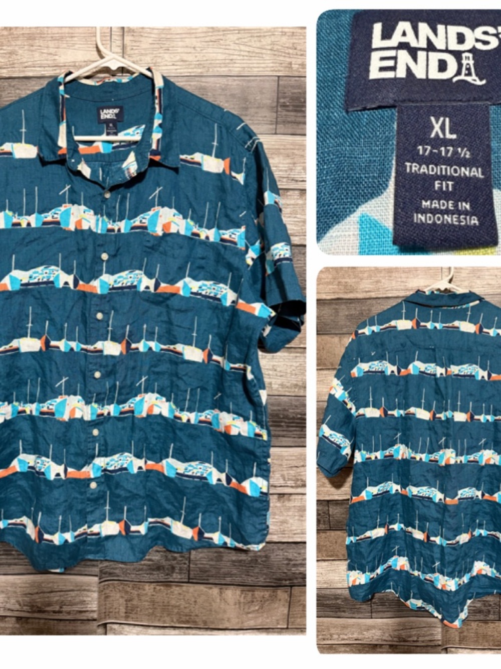 Lands End Traditional Fit 100% Linen Short Sleeve Button Up Shirt Men’s XL Blue